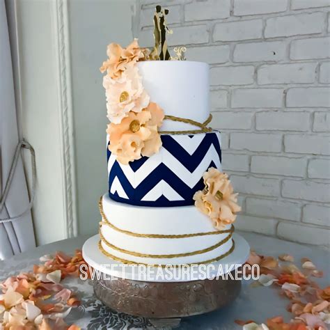 Navy White Peach And Gold Wedding Cake 😍
