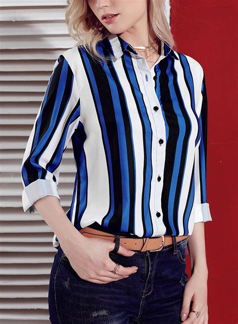 Blue Womens Striped Long Sleeve Turn Down Collar Loose Button Down