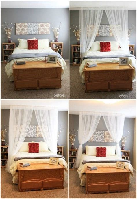 Four Different Pictures Of A Bed With White Drapes And Pillows On The
