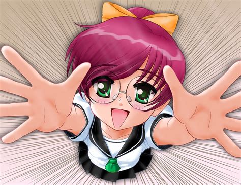 Safebooru 1girl Blush Flat Chest Glasses Green Eyes Happy Looking At