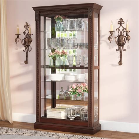 Two wooden platforms with a mirrored back reflect every detail. Dunstaffnage Lighted Curio Cabinet & Reviews | Birch Lane