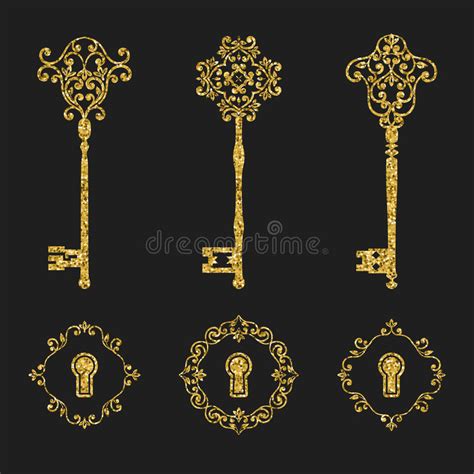 Golden Glitter Vintage Keys And Keyholes Set Vector Illustration