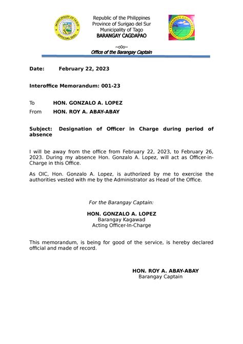 Appendix 2 Template For Designating Officer In Charge Republic Of