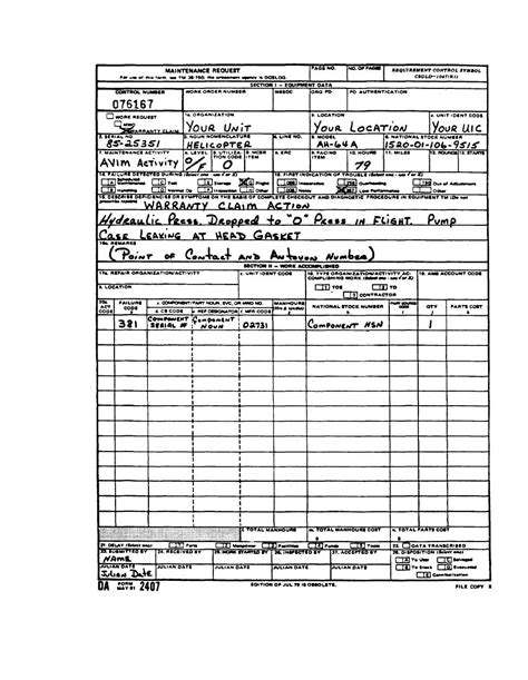 Figure 4 Sample Of A Completed Airframe Da Form 2407