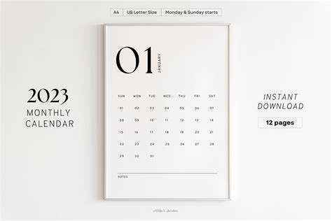 2023 Monthly Minimalist Calendar Modern Printable Calendar Etsy