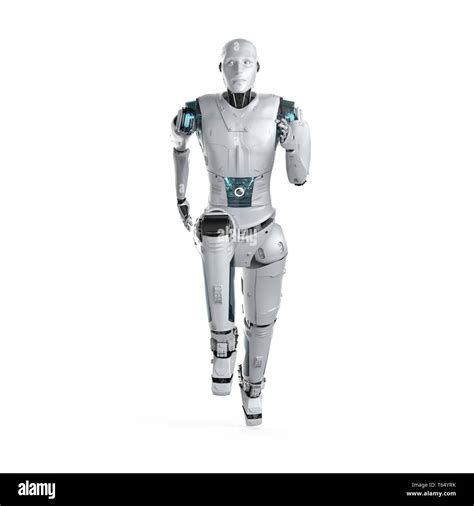 3d Rendering Humanoid Robot Running Or Jumping On White Background