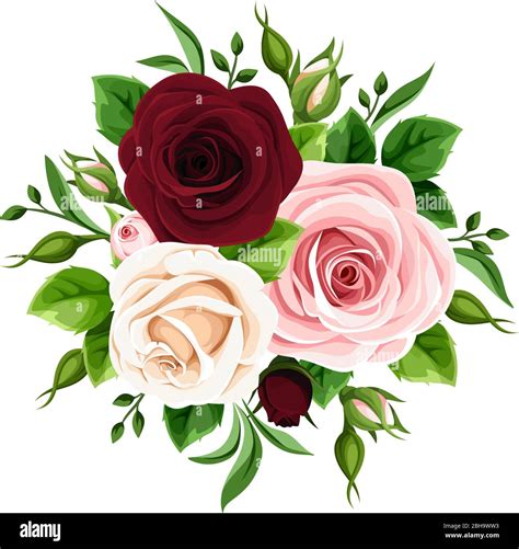 Vector Bouquet Of Pink Burgundy And White Roses Isolated On A White