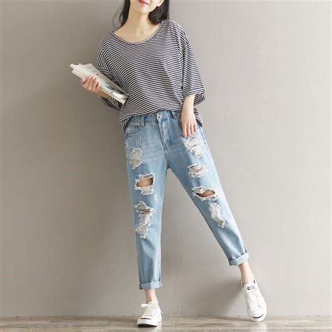 2019 summer new women loose high waist plus size jeans hole casual pockets denim holes ankle