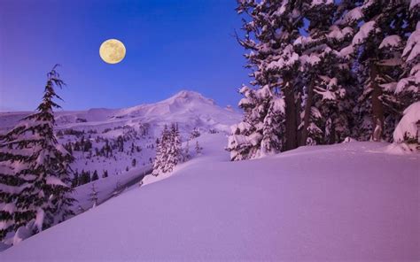 Winter Full Moon Over A Snowy Mountain Snowy Mountains Natural