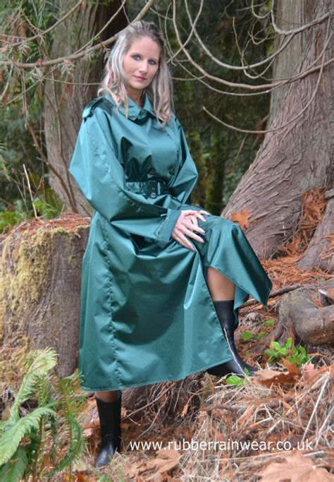 Our Stunning Caroline In Her Green Rubberized Satin Mackintosh So