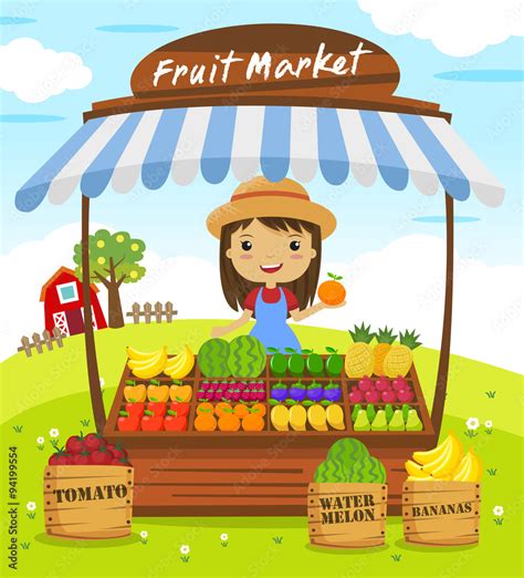 Fruit Shop Stall Farmers Market Cartoon Characters Vector