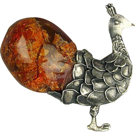 Old Sterling Silver Peacock Pin Brooch W Huge Amber Tail Vintage