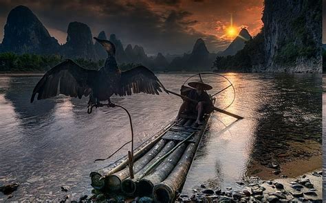 Hd Wallpaper Nature Landscape Fisherman Cormorant River Guilin China