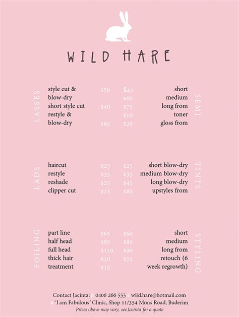 Depending on the length and thickness of. A price list for new salon, Wild Hare on the Sunshine ...