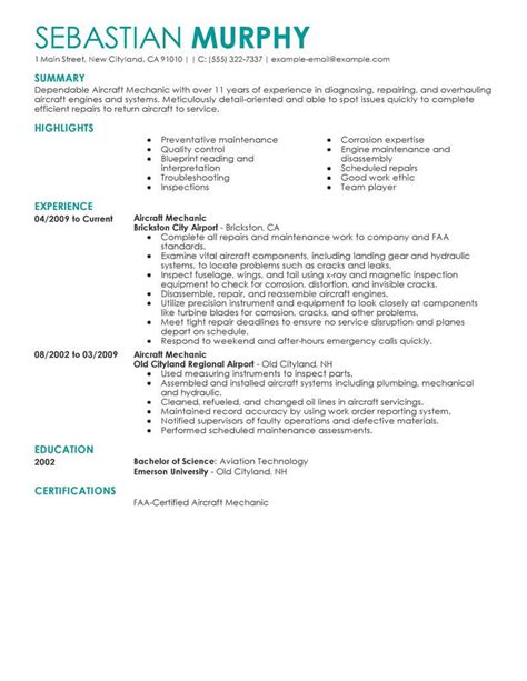 Best Aircraft Mechanic Resume Example Livecareer