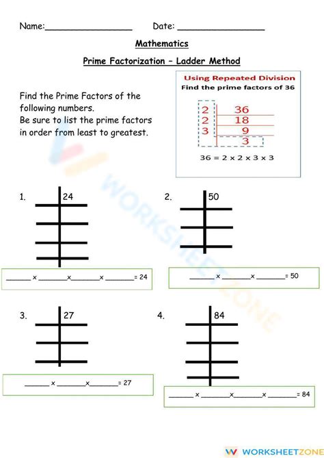 Prime Factorization Ladder Method Worksheet