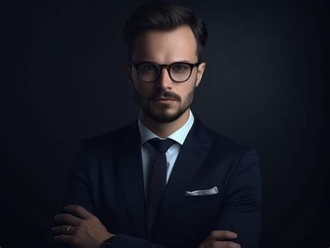 Premium Ai Image A Man With Glasses And A Suit And Tie Stands With His Arms Crossed