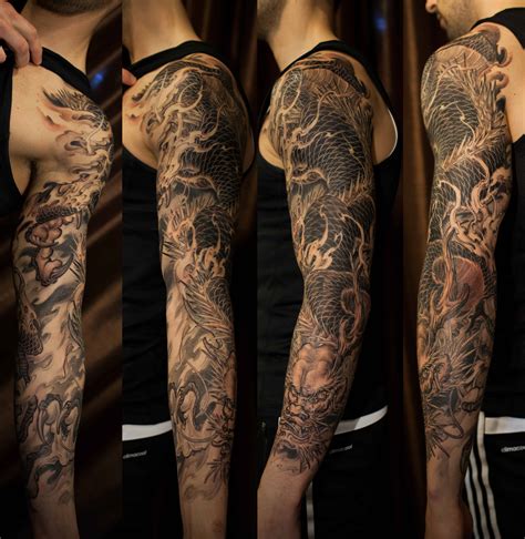 Black and grey illustrated asian brush paint owl and bamboo with four elements sleeve. Full sleeve Dragon tattoo - Chronic Ink
