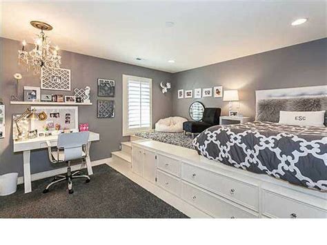 Teenage room ideas grey simple. Gray and white bedroom, lifted bed, built in storage ...