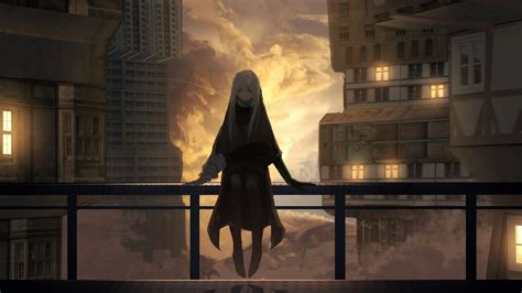 Download 3840x2160 Anime Girl Buildings Clouds