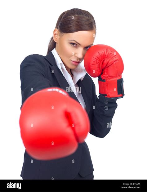 Portrait Of Beautiful And Young Business Woman Wearing Boxing Gloves