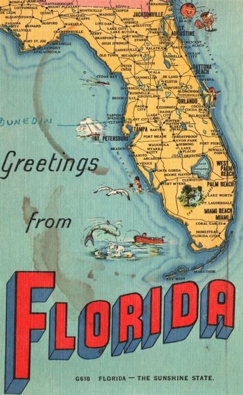 Vintage Postcard 1951 Greetings From Florida The Sunshine State Map