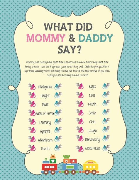 After hosting many baby showers, i've discovered 10 really awesome, fun baby shower games and activities that everyone is guaranteed to enjoy. Baby Shower Game / What did Mommy and Daddy Say / Train ...