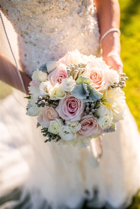 Hand Tied Bridal Bouquet With Roses Brunia Ranunulus Peonies In