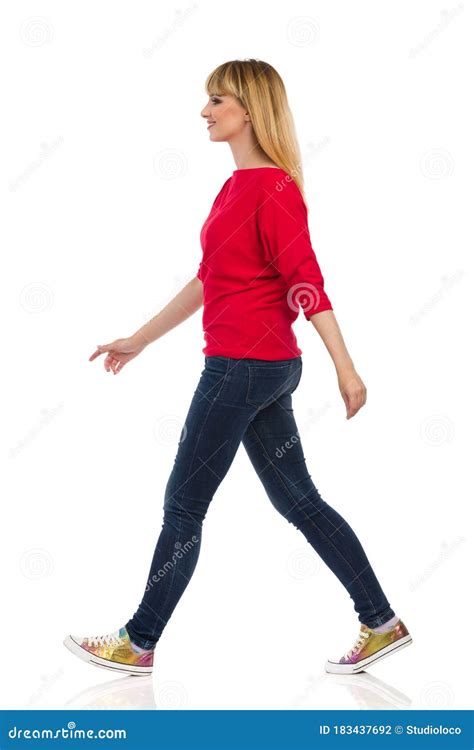 Walking Casual Young Woman Side View Stock Photo Image Of Colorful