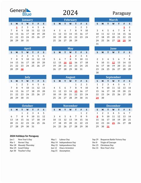 2024 Printable Calendar With Paraguay Holidays