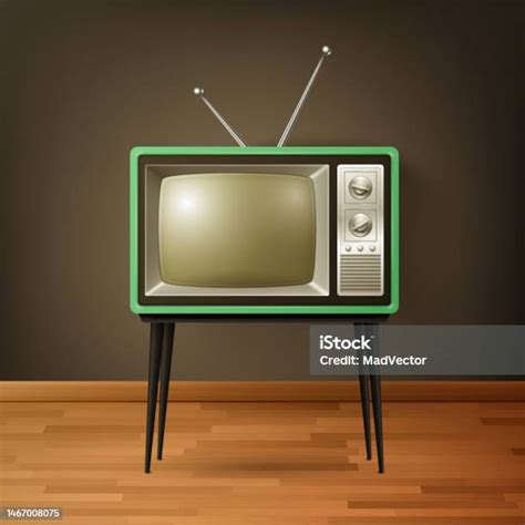Vector 3d Realistic Retro Tv Receiver On Wooden Floor Home Interior