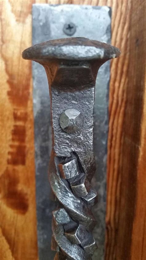 Hand Forged Railroad Spike Door Handle With A Cube Twist Etsy Metal