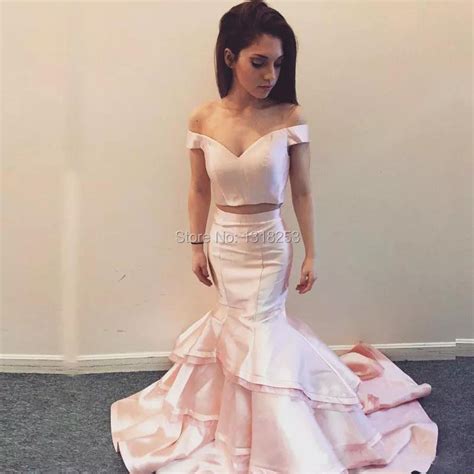 Blush Pink Mermaid Prom Dresses Off Shoulder Tiered Court Train