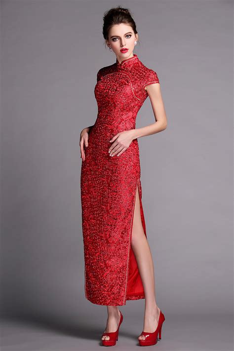 Superb Flower Lace Long Cheongsam Qipao Dress Claret Qipao