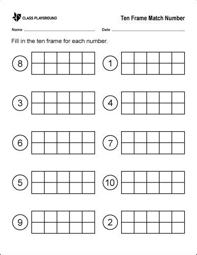 Printable Ten Frame Match Number Worksheet Class Playground 1st