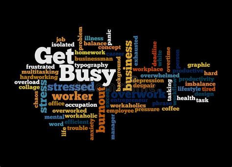 Word Cloud With Get Busy Concept Isolated On A Black Background Stock