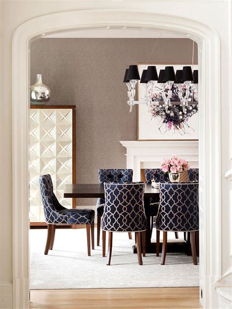 A pastel wall paired choosing a transitional style dining set, complete with upholstered armless chairs, and flanking the bleached wood floors and coordinating dining table look right at home against this beautiful muted. Formal Dining Rooms: Elegant Decorating Ideas for a Traditional Dining Room