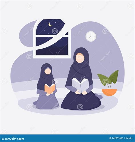 Muslime Mutter Lehrt Ihre Tochter Den Quran Zu Lesen Stock Abbildung