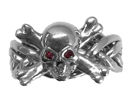 Mens 6 Band Skull And Crossbones With Ruby Eyes Puzzle Ring
