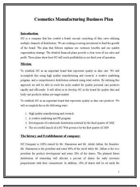 A business plan should be structured in a way that it contains all the important information that investors are looking for. Cosmetics Manufacturing Business Plan 2 | Retail | Debits ...