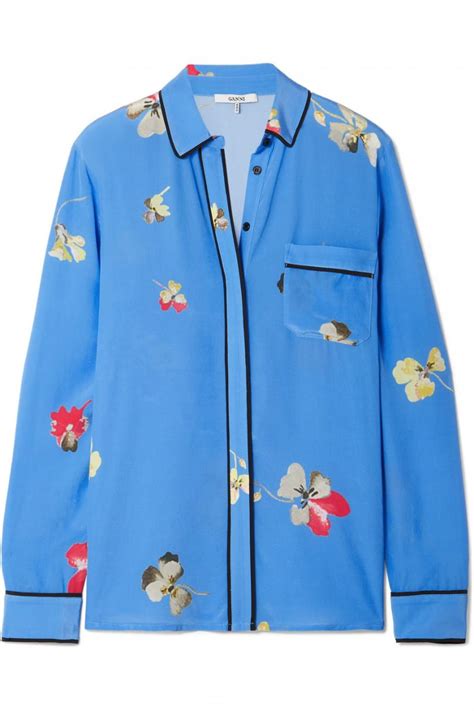 Womens Joycedale Floral Print Silk Crepe De Chine Shirt Blue Ganni Tops Sojournalpix