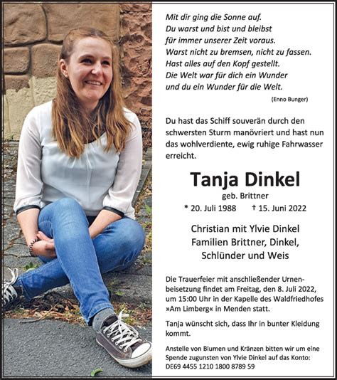 Traueranzeigen Von Tanja Dinkel Waztrauerde