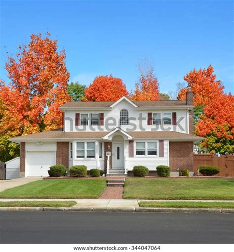 Beautiful Suburban Home Residential Neighborhood Autumn Stock Photo