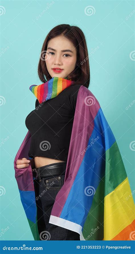 Lgbtq Girl And Pride Flag Lesbian Girl And Lgbtq Flag Standing Stock Image Image Of Girls