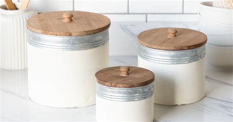 White Canisters With Wooden Lids 4 Inch White Metal Sugar Canister