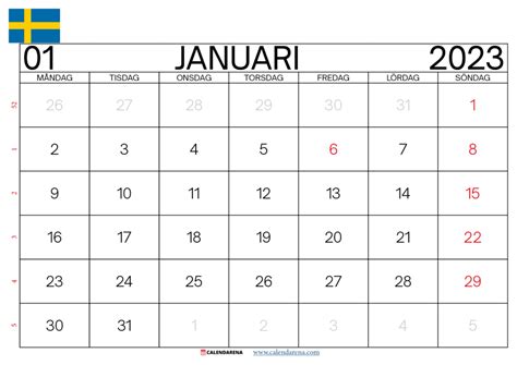 Kalender Januari 2023 Sverige Med Veckonummer