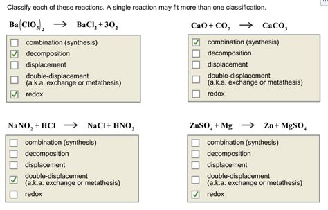 Chemical reactions are broadly classified into four types, viz., synthesis, decomposition, single displacement, and definition of double displacement reaction. Solved: Classify Each Of These Reactions. A ?single Reacti ...