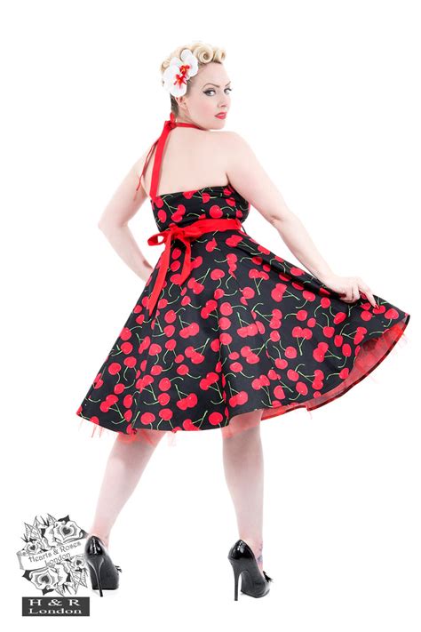 Black Bombshell Cherry Swing Dress In Blackred Hearts And Roses London