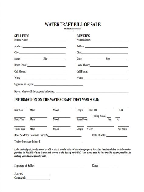 Free Sample Watercraft Bill Of Sale Forms In Ms Word Pdf