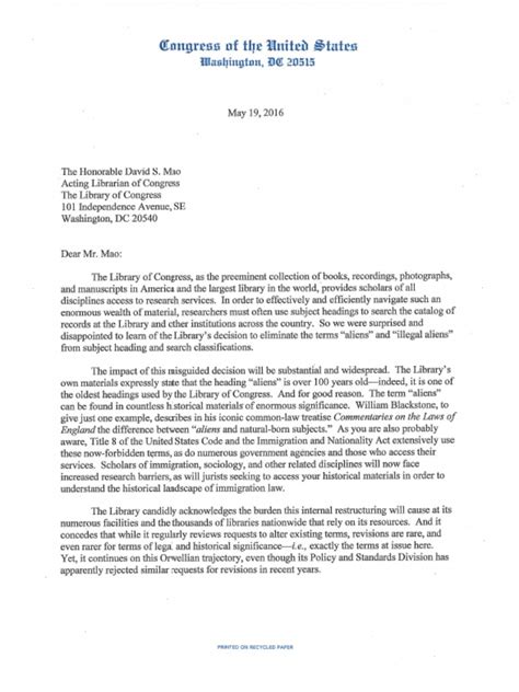 Fair sent a letter to the chancellor of st. Letter to Library of Congress Re Illegal Alien
